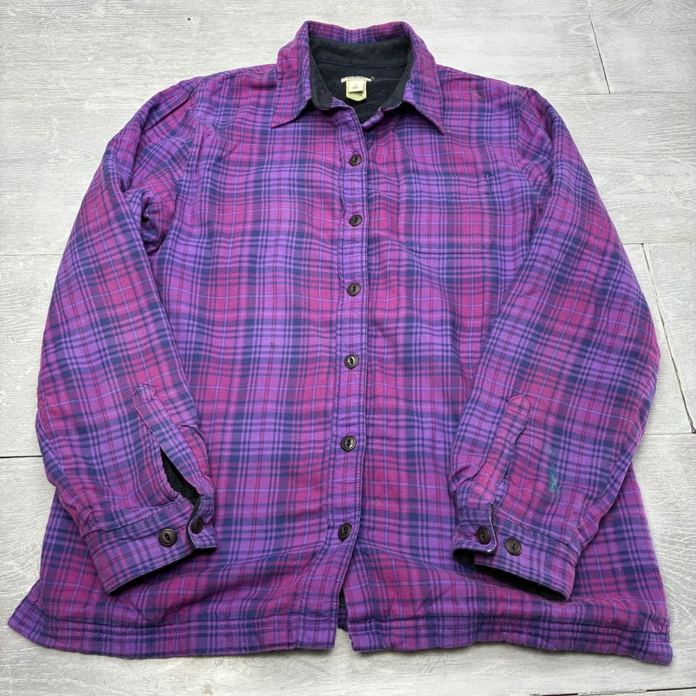 L.L. Bean Fleece Lined Flannel Shirt Jacket Womens S Purple Plaid Button Up